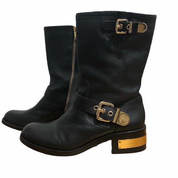 Vince Canute Black Leather Moto Boots Buckles Sz 8 - Picture 2 of 16